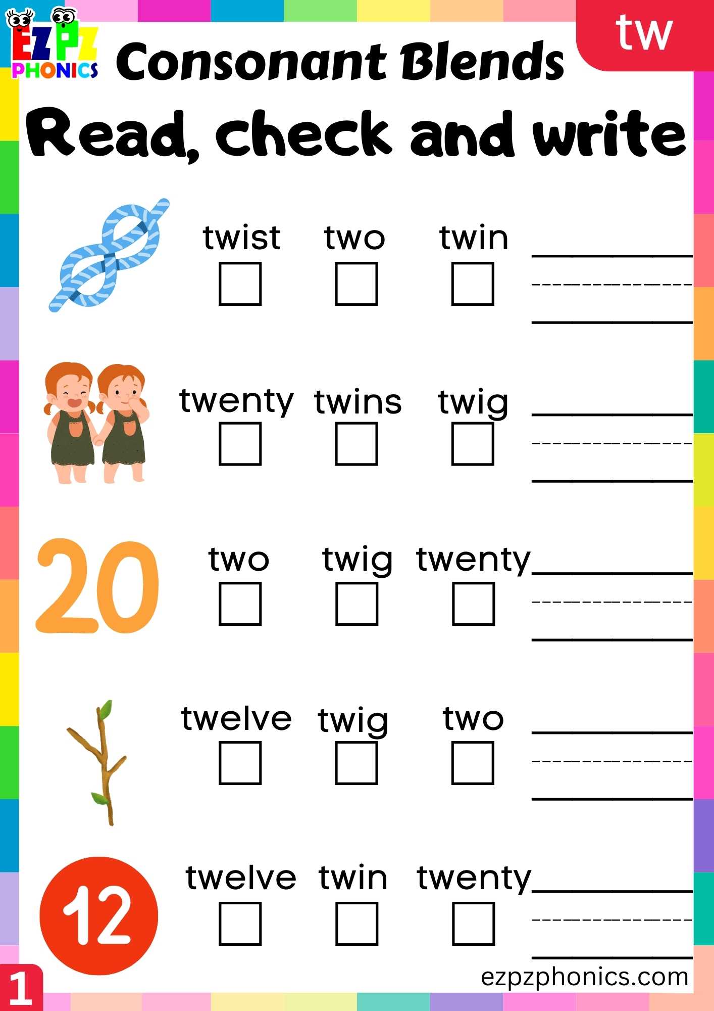 TW Words Read, Check And Write Phonics Consonant Blends Worksheet